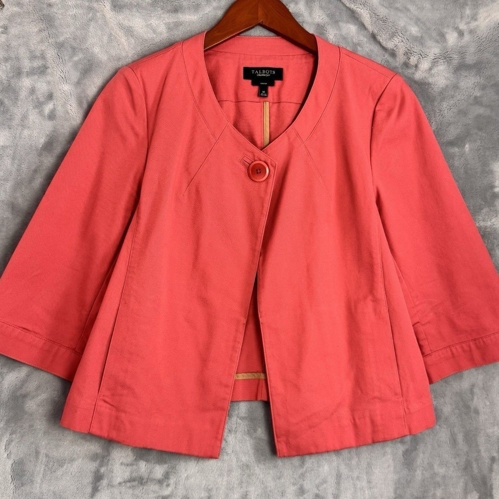 Talbots Cropped Blazer Womens 10 Coral Pink 3/4 Sleeve Cotton Stretch Jacket
